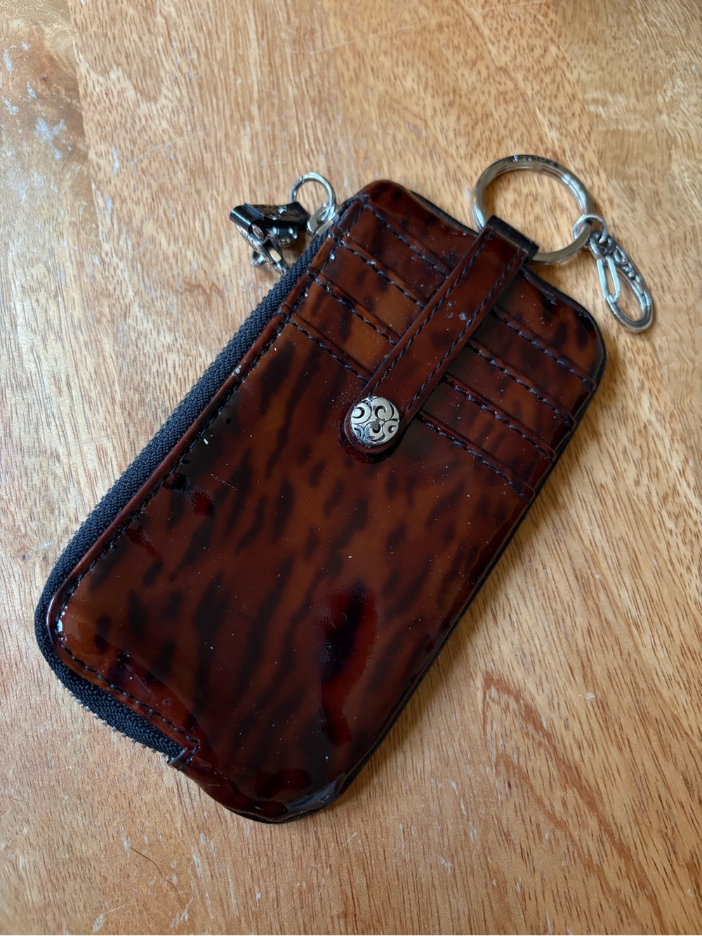 Brighton animal print Brown Patent Leather Wallet Keychain with ID Window